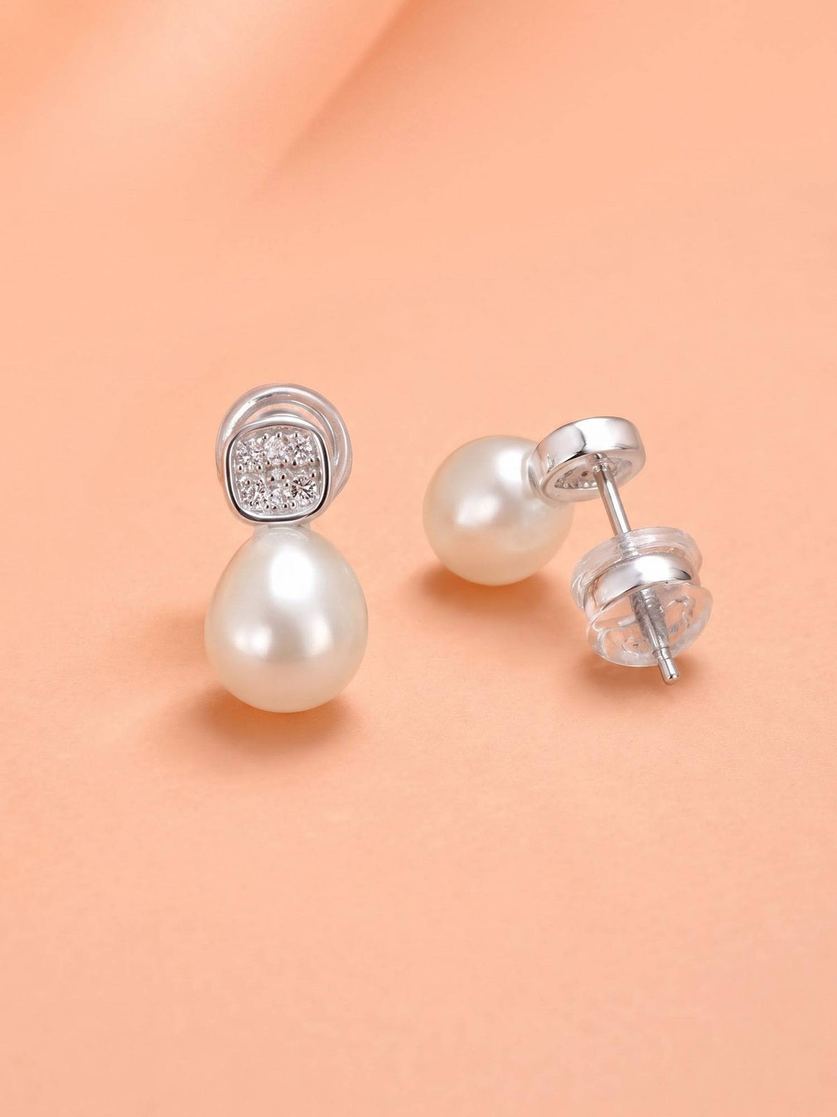 925 SILLER Women White Pearl Rhodium Plated Earrings