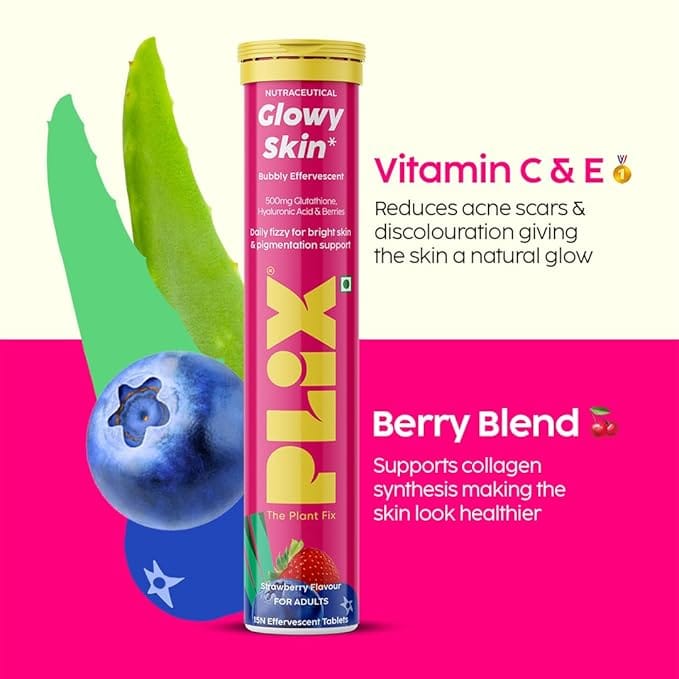 Plix - Glowy Skin Bubbly Effervescent 500mg L-Glutathione Hyaluronic Acid & Berries [Strawberry Flavour] (15N)