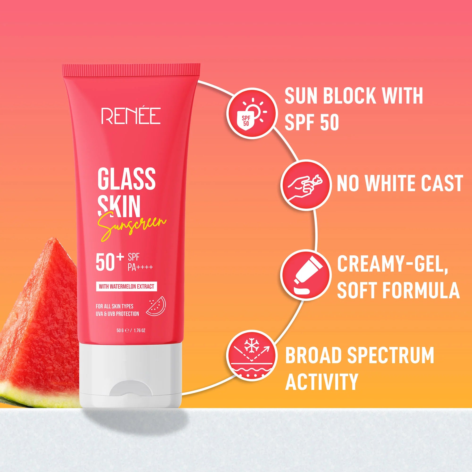 Renee - Glass Skin Sunscreen 50+ SPF With Watermelon Extract (50g)