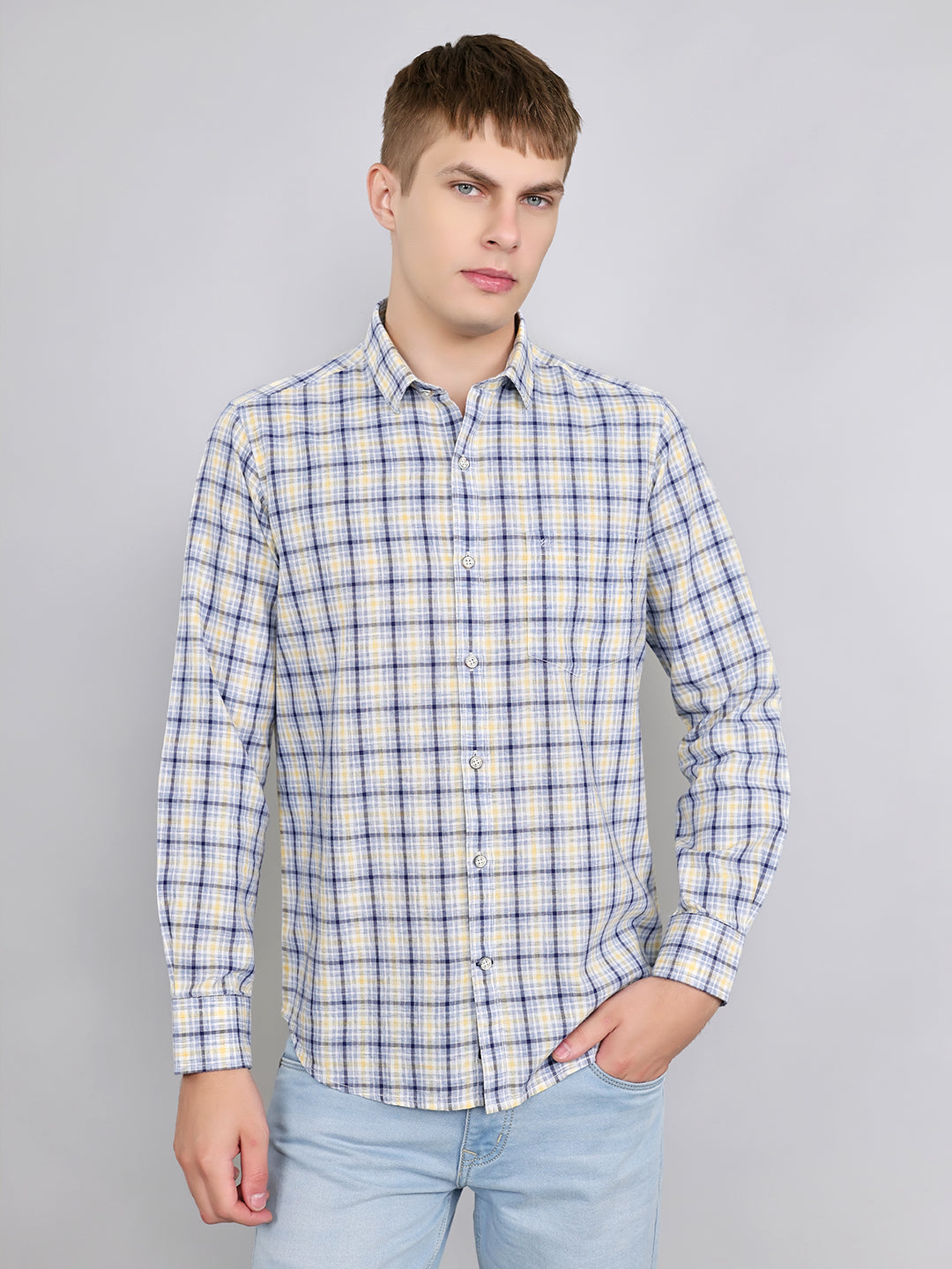 Monte Carlo Men Blue Check Collar Full Sleeve Shirt