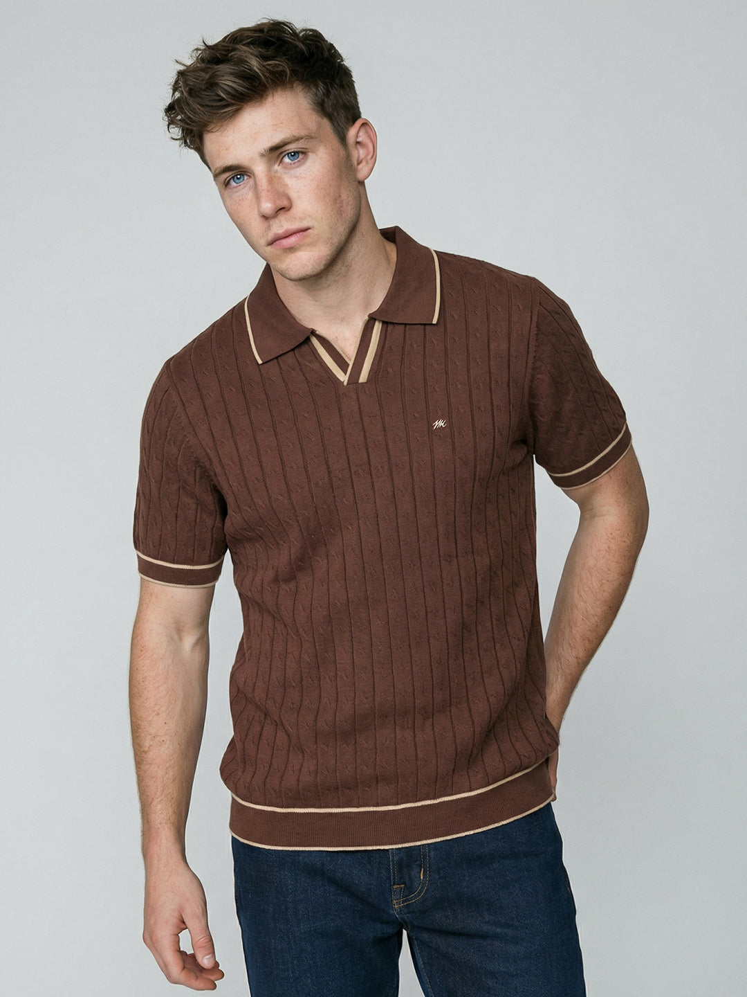 Monte Carlo Men Brown Self Design Collar Half Sleeve T-Shirt