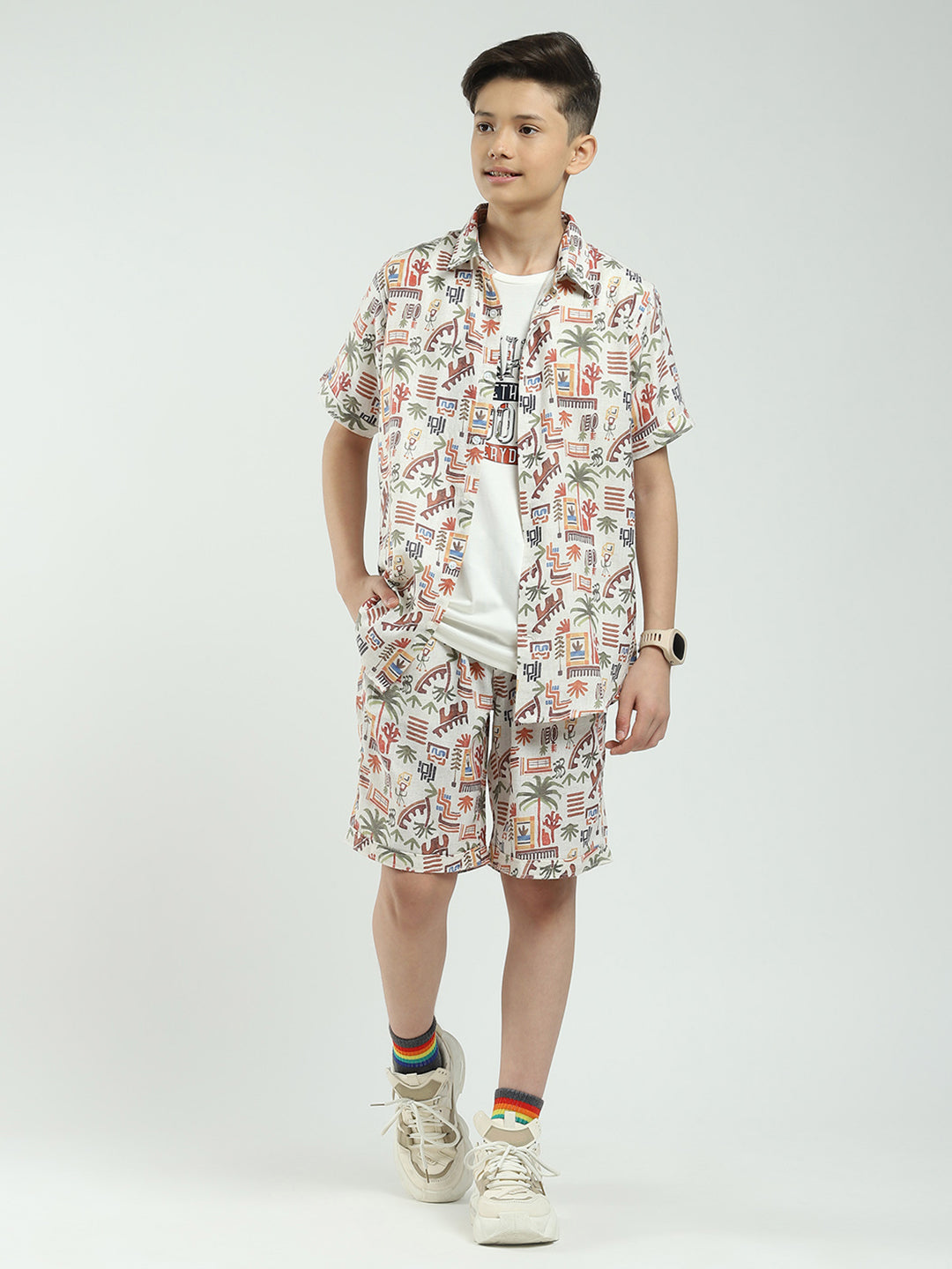 Boys White Printed Collar Half Sleeve Cords Set
