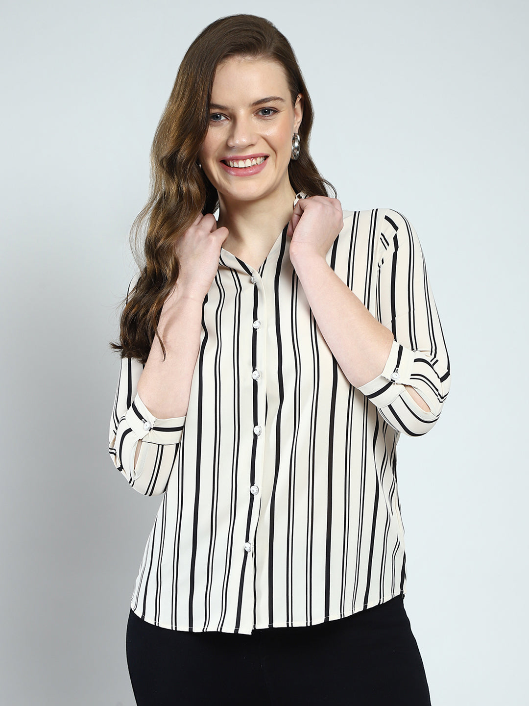 Monte Carlo Women White Stripe Front Open Shirt