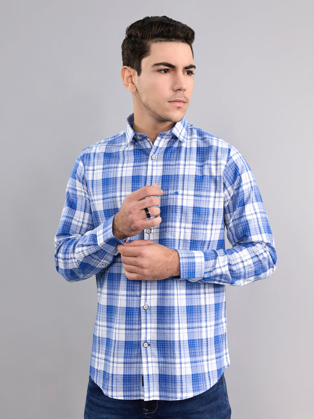 Monte Carlo Men Sky Blue Stripe Collar Full Sleeve Shirt