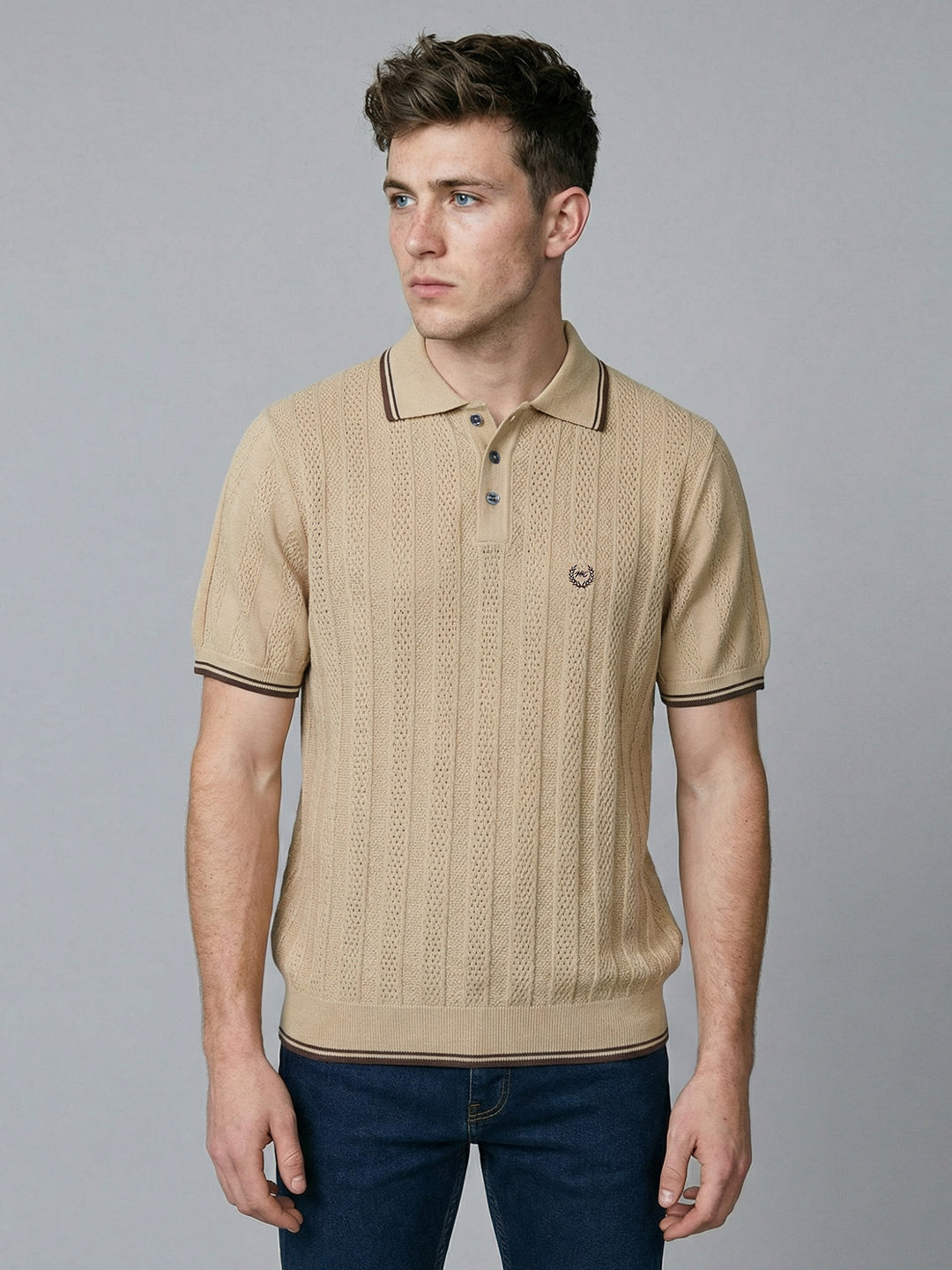 Monte Carlo Men Camel Brown Self Design Collar Half Sleeve T-Shirt