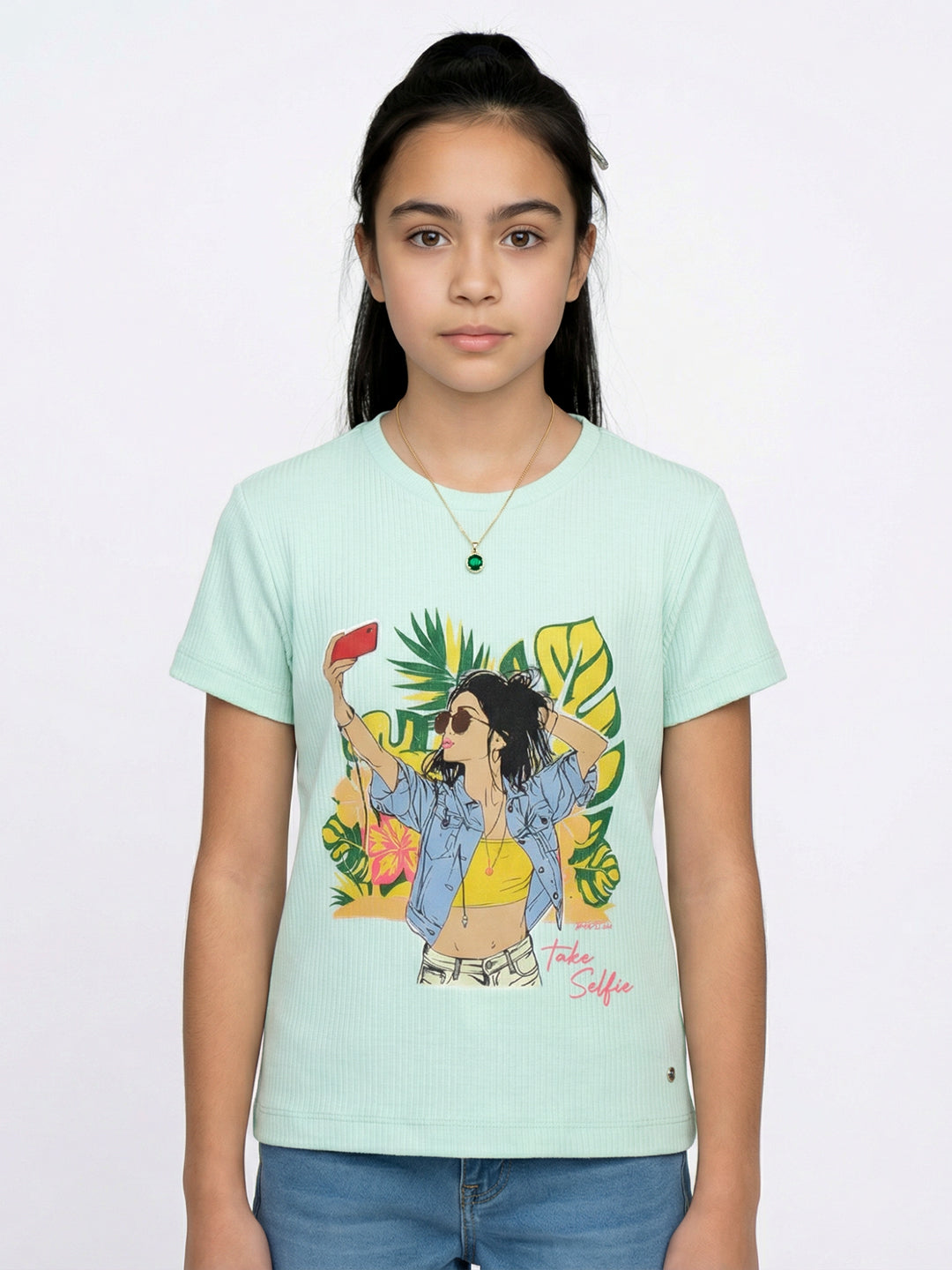 Monte Carlo Girls Sea Green Printed Round Neck Half Sleeve Top