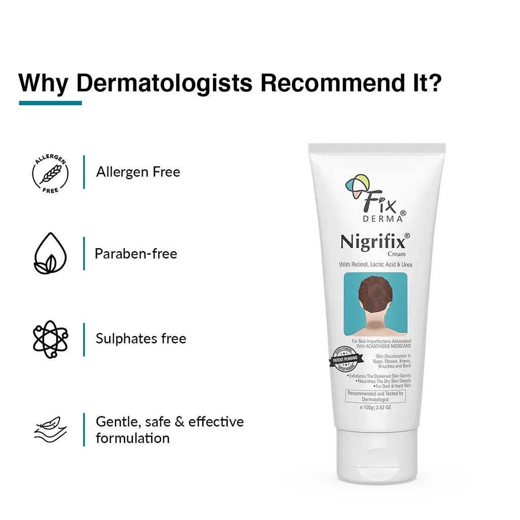 Fix Derma - 10% Lactic Acid + 0.1% Retinol - Nigrifix Cream- Reduces Dark Elbows, Knees, Underarms, & Neck (100g)