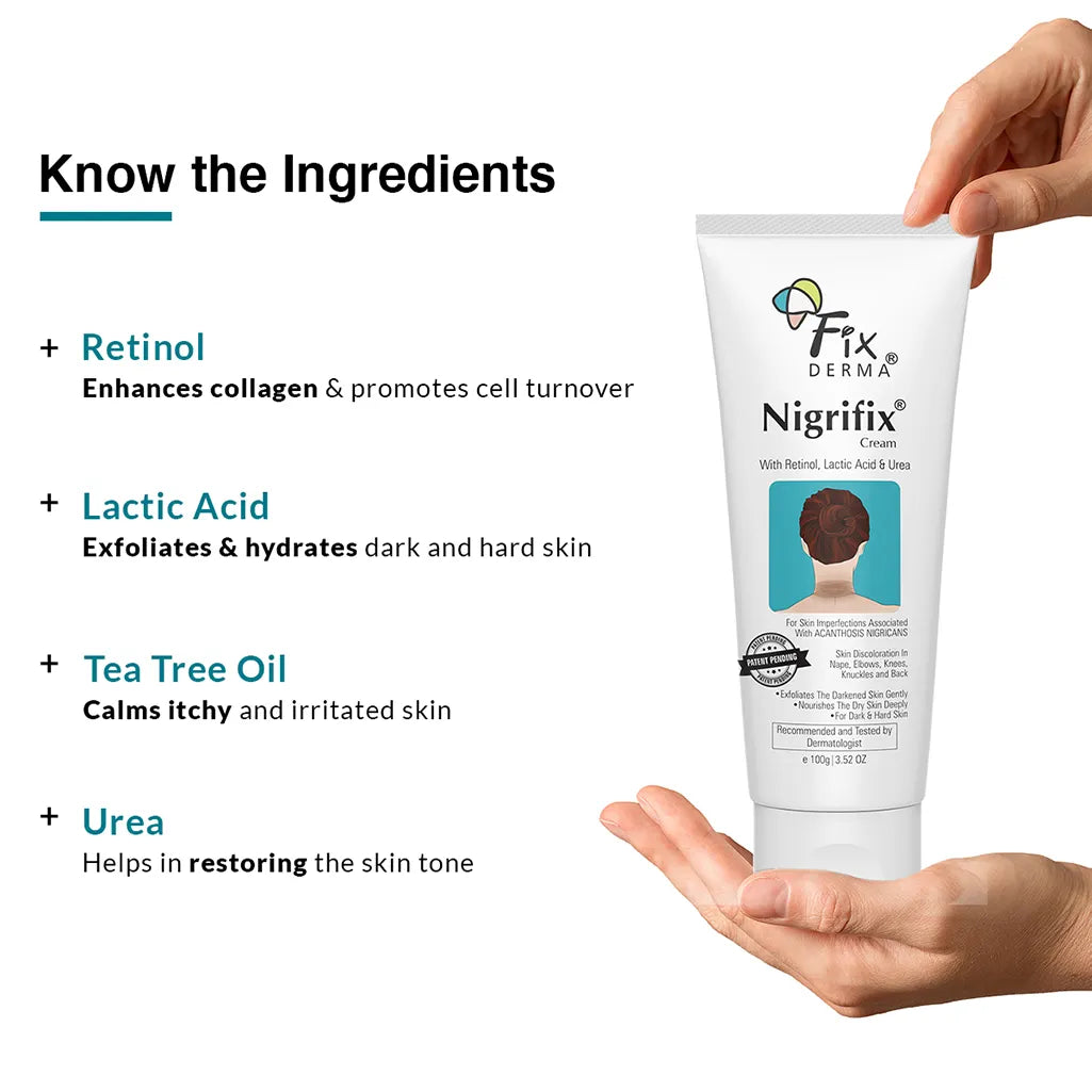 Fix Derma - 10% Lactic Acid + 0.1% Retinol - Nigrifix Cream- Reduces Dark Elbows, Knees, Underarms, & Neck (100g)