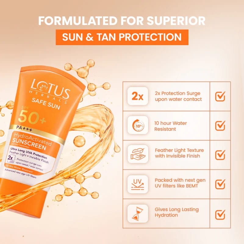 Lotus Herbals - Safe Sun Spf 50 PA+++ Hydro Activated Sunscreen (50ML)