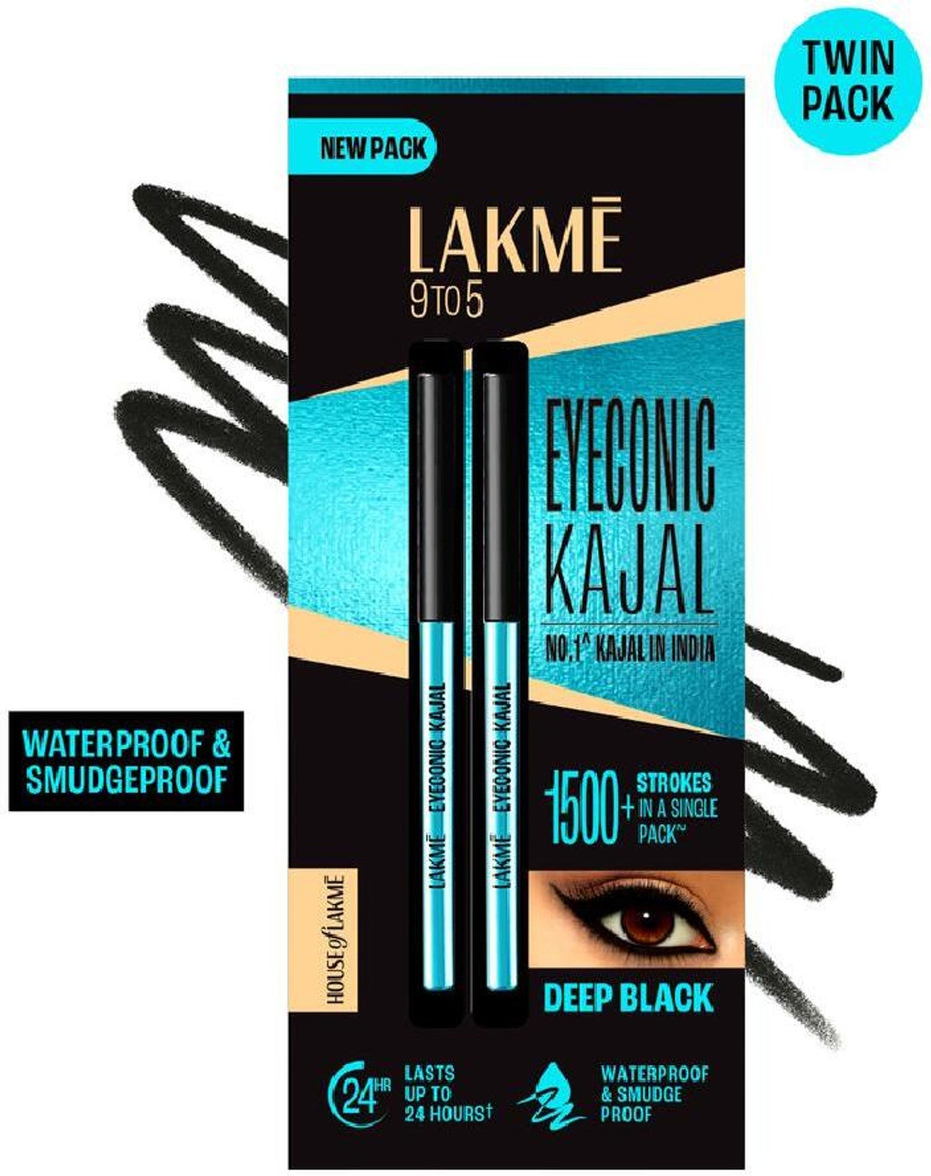 Lakme 9to5 Set of 2 Eyeconic Kajal Matte Finish & Lasts upto 24hrs 0.35g Each - Deep Black