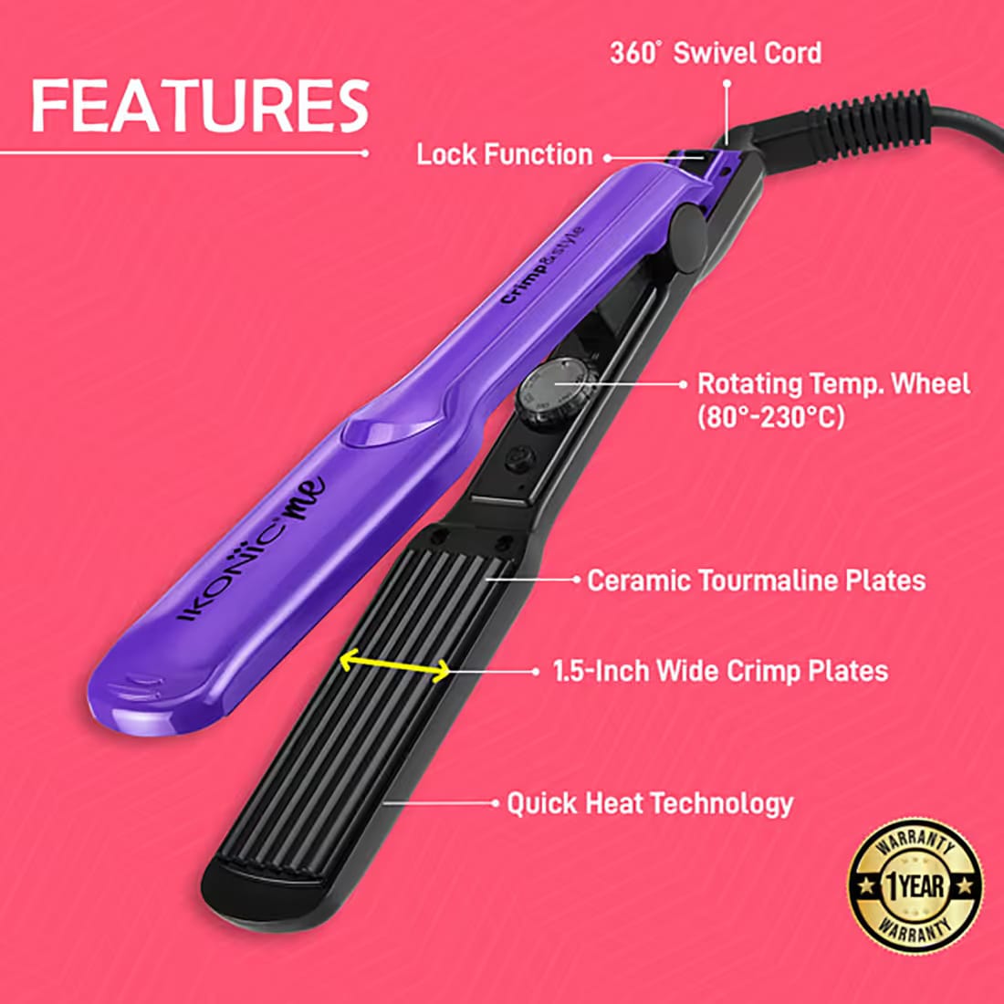 Ikonic Professional - Hair Crimper Crimp & Style 1.5 Inch Wide Texture Plates