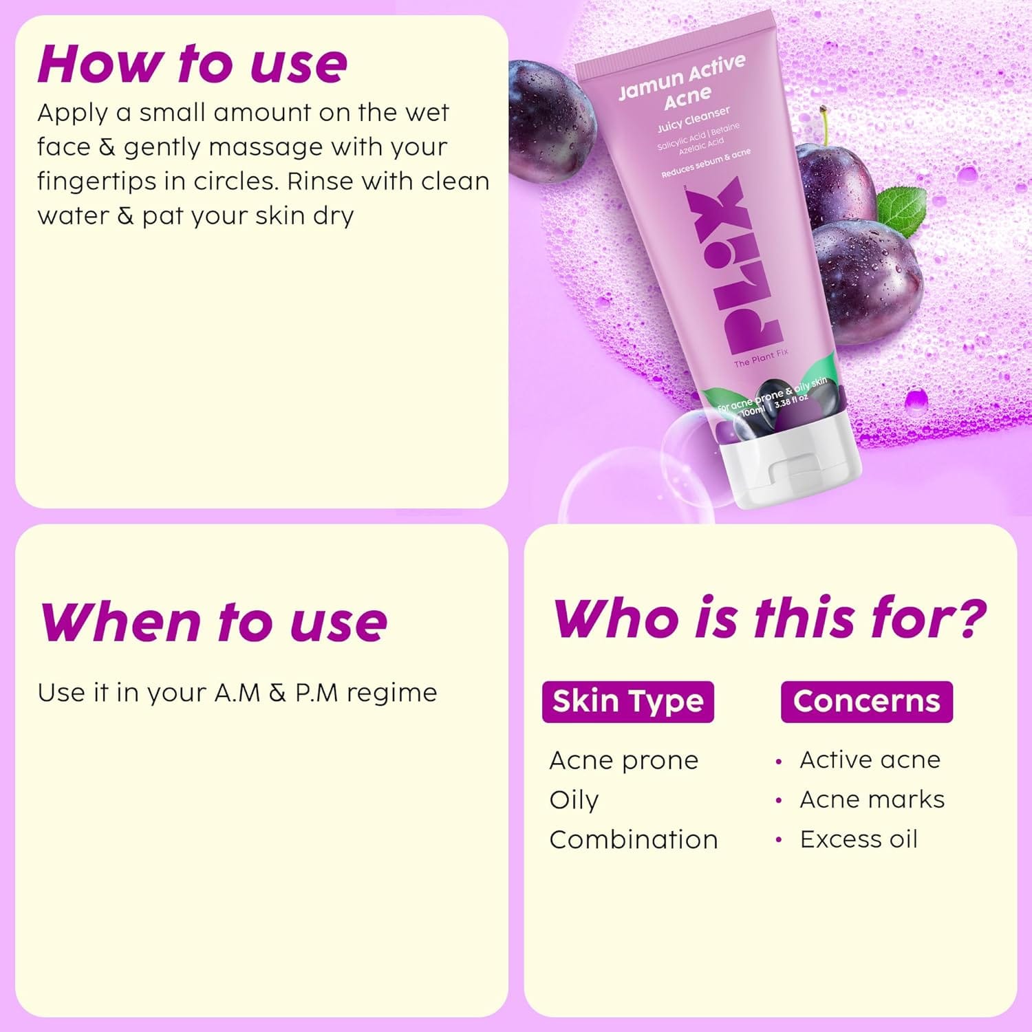 Plix - Jamun Active Acne Regime Combo [Serum + Cleanser + Moisturizer + Toner]