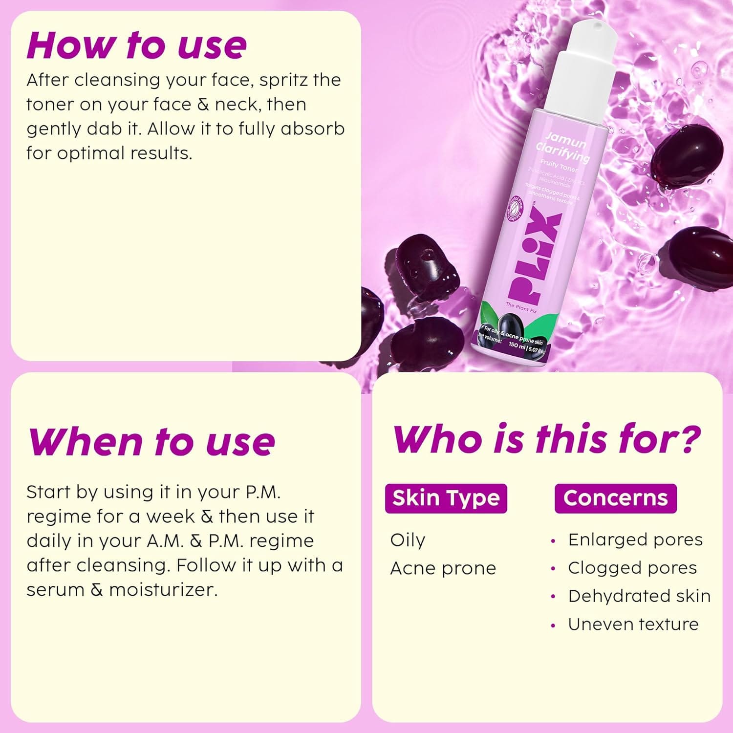 Plix - Jamun Active Acne Regime Combo [Serum + Cleanser + Moisturizer + Toner]