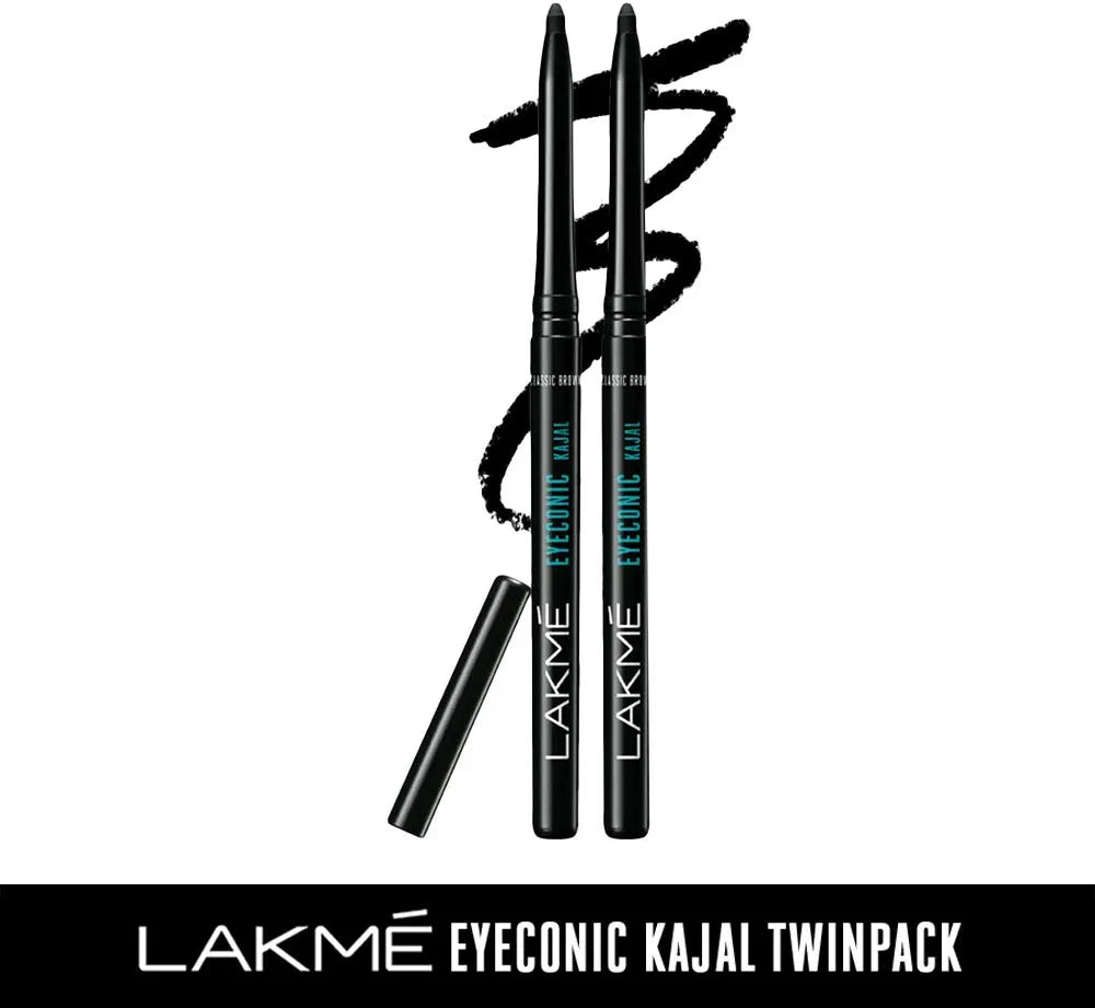 Lakme Eyeconic Kajal Twin Pack, Black, 0.35g with 0.35g, Matte Finish