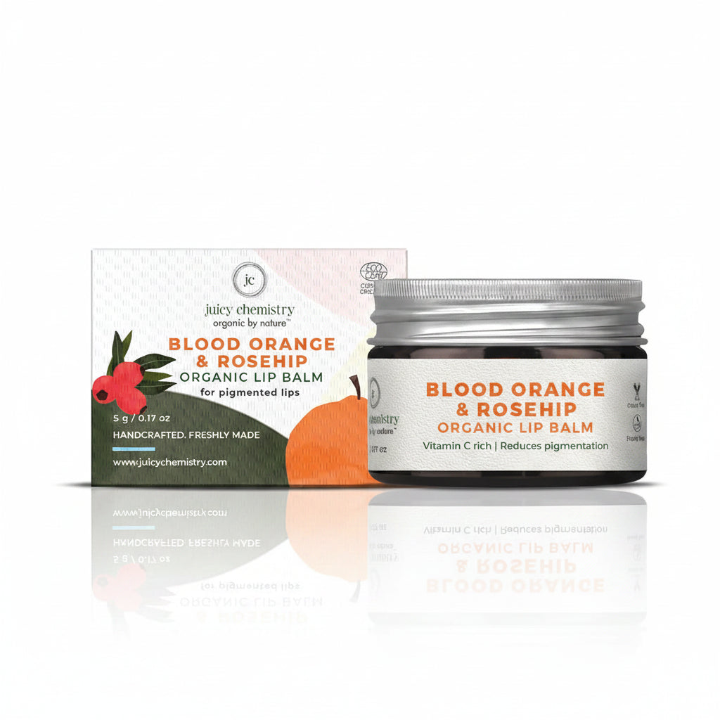 Juicy Chemistry Organic Lip Balm with Blood Orange & Rosehip, 5g | Deeply Moisturising & Brightening Lip Care | Reduces Lip Pigmentation | Dermatologically Tested | 100% Natural | Certified Organic & Cruelty-Free