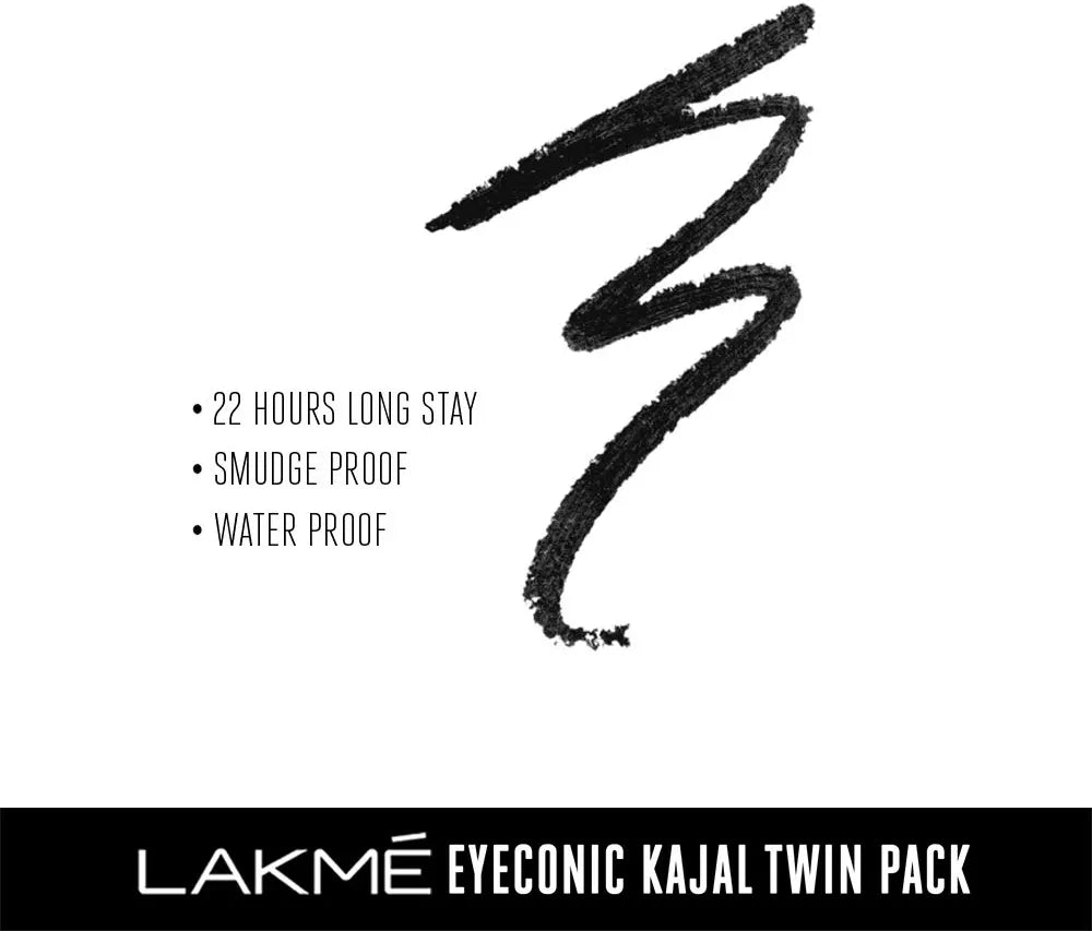 Lakme Eyeconic Kajal Twin Pack, Black, 0.35g with 0.35g, Matte Finish