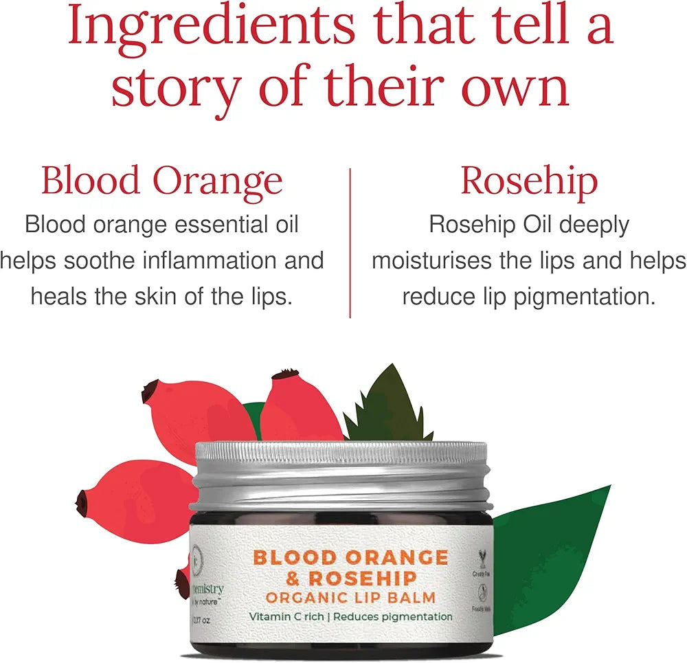 Juicy Chemistry Organic Lip Balm with Blood Orange & Rosehip, 5g | Deeply Moisturising & Brightening Lip Care | Reduces Lip Pigmentation | Dermatologically Tested | 100% Natural | Certified Organic & Cruelty-Free