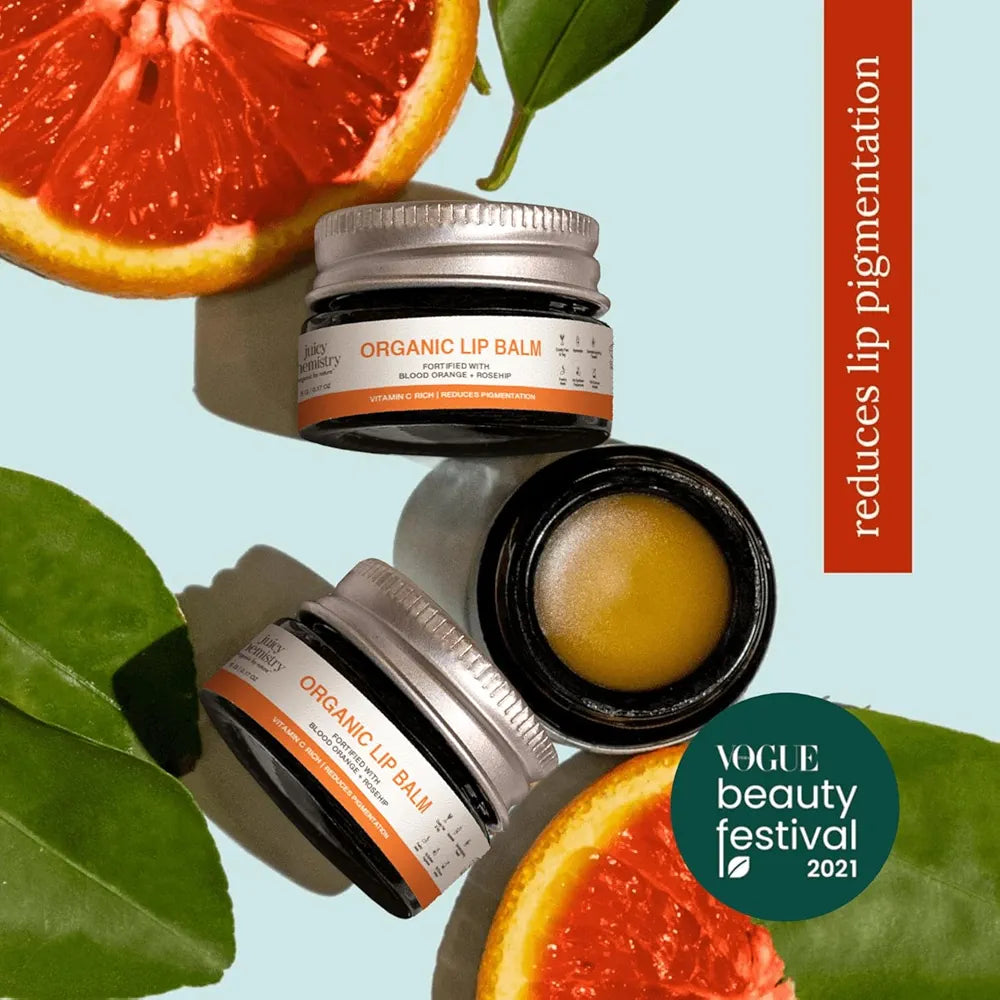 Juicy Chemistry Organic Lip Balm with Blood Orange & Rosehip, 5g | Deeply Moisturising & Brightening Lip Care | Reduces Lip Pigmentation | Dermatologically Tested | 100% Natural | Certified Organic & Cruelty-Free