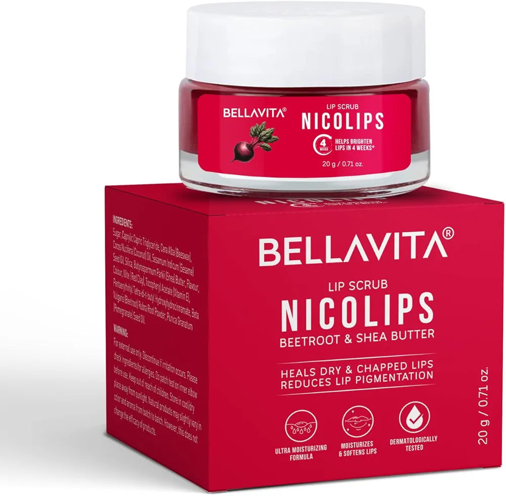 Bella Vita Organic NicoLips Lip Balm & Lip Scrub | Lip Balm for Dark Lips | Anti Pigmentation for Dry, Chapped Lips | Removes Lipstick Stains | Lip Care for Men & Women | 20g