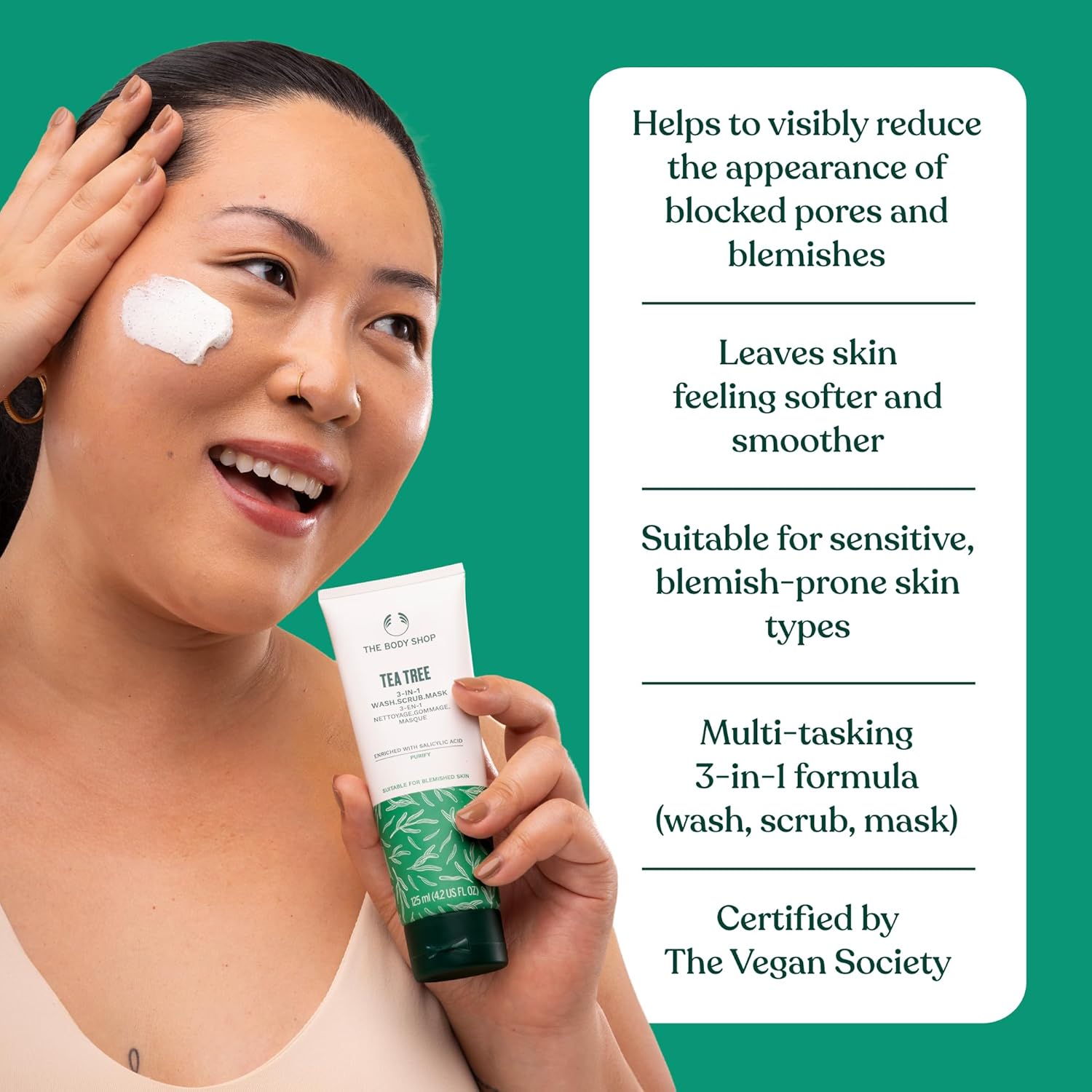 The Body Shop Tea Tree 3 in 1 Wash Scrub & Mask – Purifying Vegan Skincare For Oily, Blemished Skin – 4.2 oz - BEAUTY BRATS