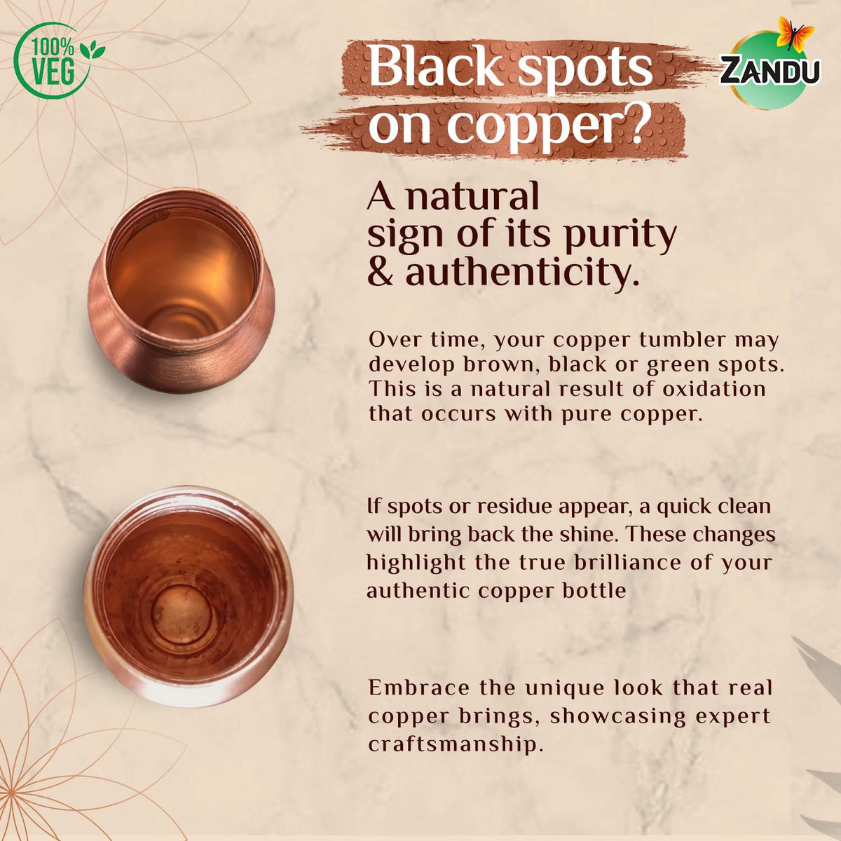 Zandu-O Copper Bottle - Alkalises Water & Kills 99% Microbes Plain Copper (950ml)