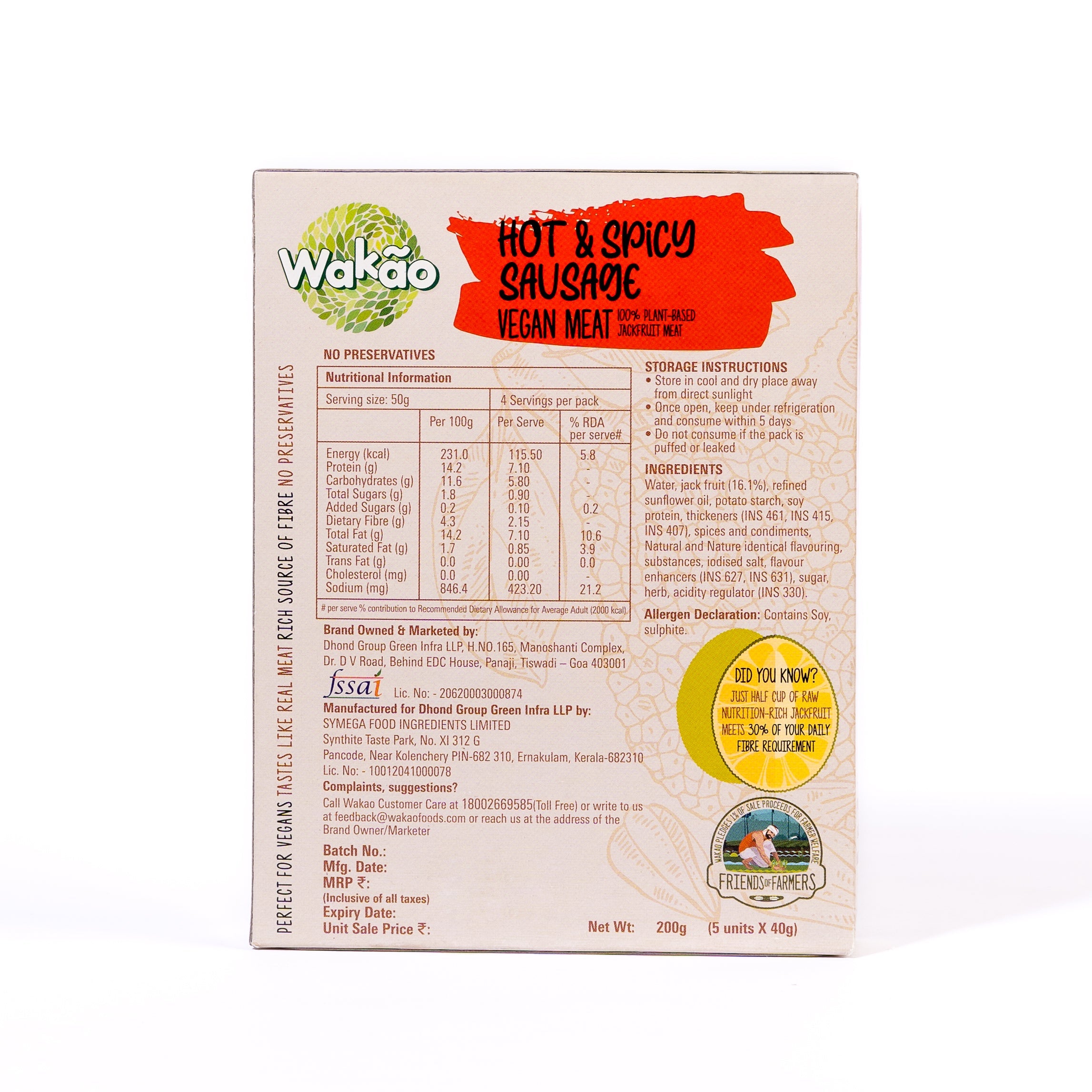 Wakao Hot & Spicy Sausage, 200g (100% Plant based , Ready to cook,Heat & Eat, Tender Jackfruit Sausages) image 2