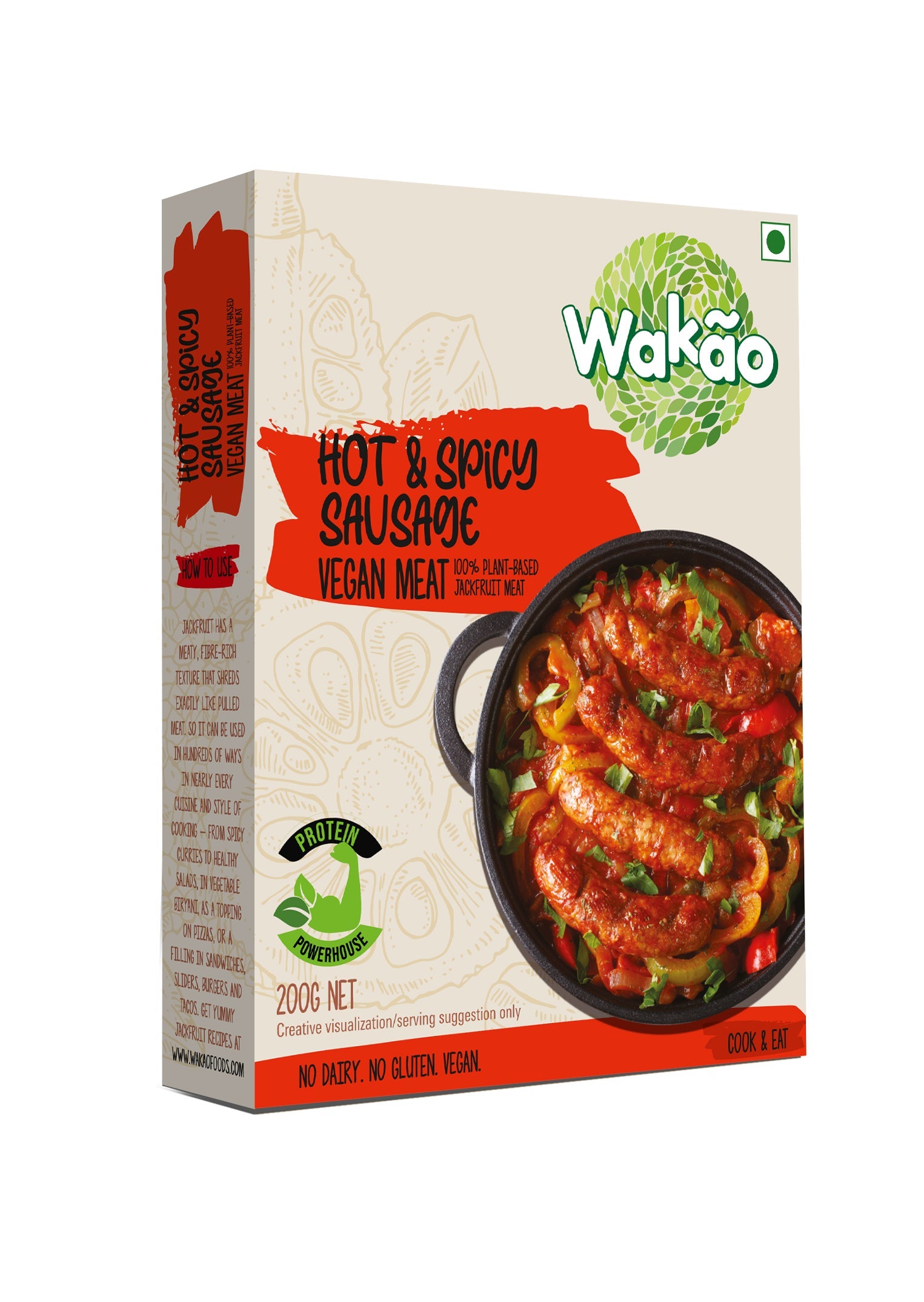 Wakao Hot & Spicy Sausage, 200g (100% Plant based , Ready to cook,Heat & Eat, Tender Jackfruit Sausages) image 1