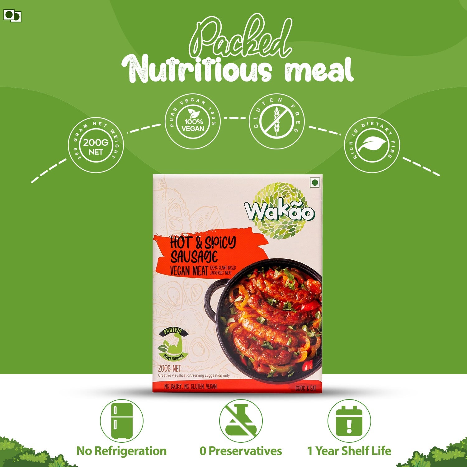 Wakao Hot & Spicy Sausage, 200g (100% Plant based , Ready to cook,Heat & Eat, Tender Jackfruit Sausages) image 9