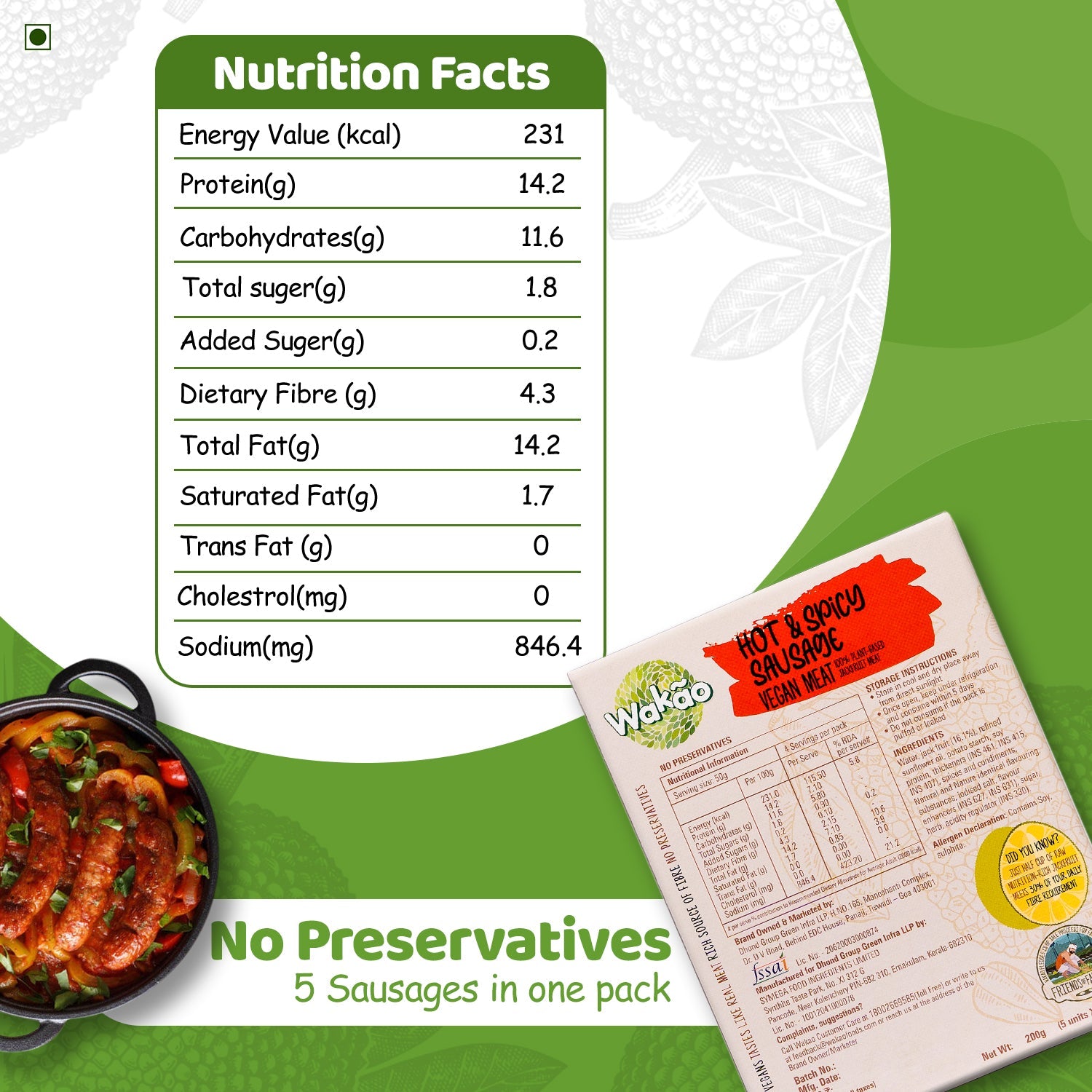 Wakao Hot & Spicy Sausage, 200g (100% Plant based , Ready to cook,Heat & Eat, Tender Jackfruit Sausages) image 8
