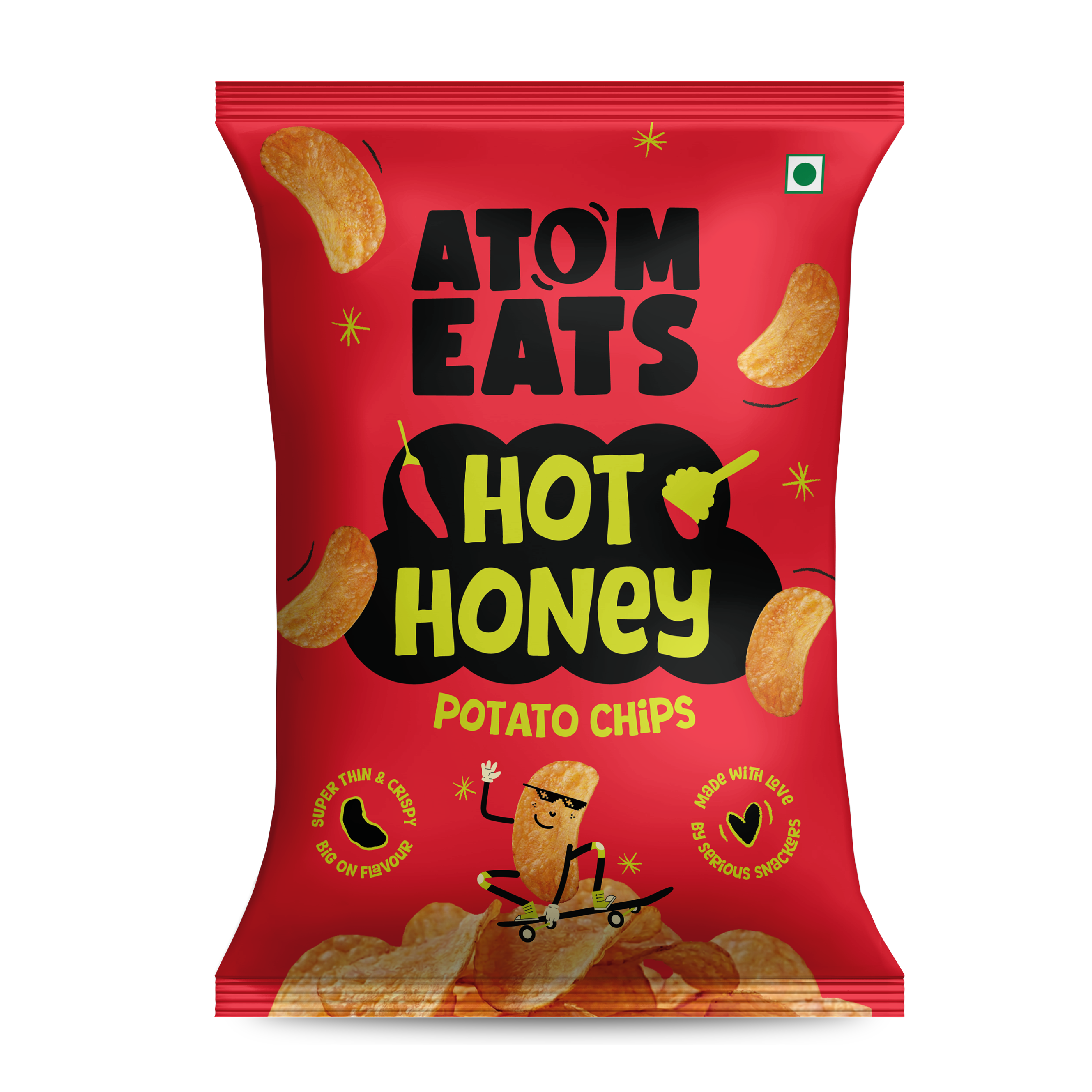 Atom Eats Hot Honey Potato Chips, 60g (Crispy Potato Chips, Sweet & Spicy Honey Chilli Flavor, Bold Crunchy Snack) image 1
