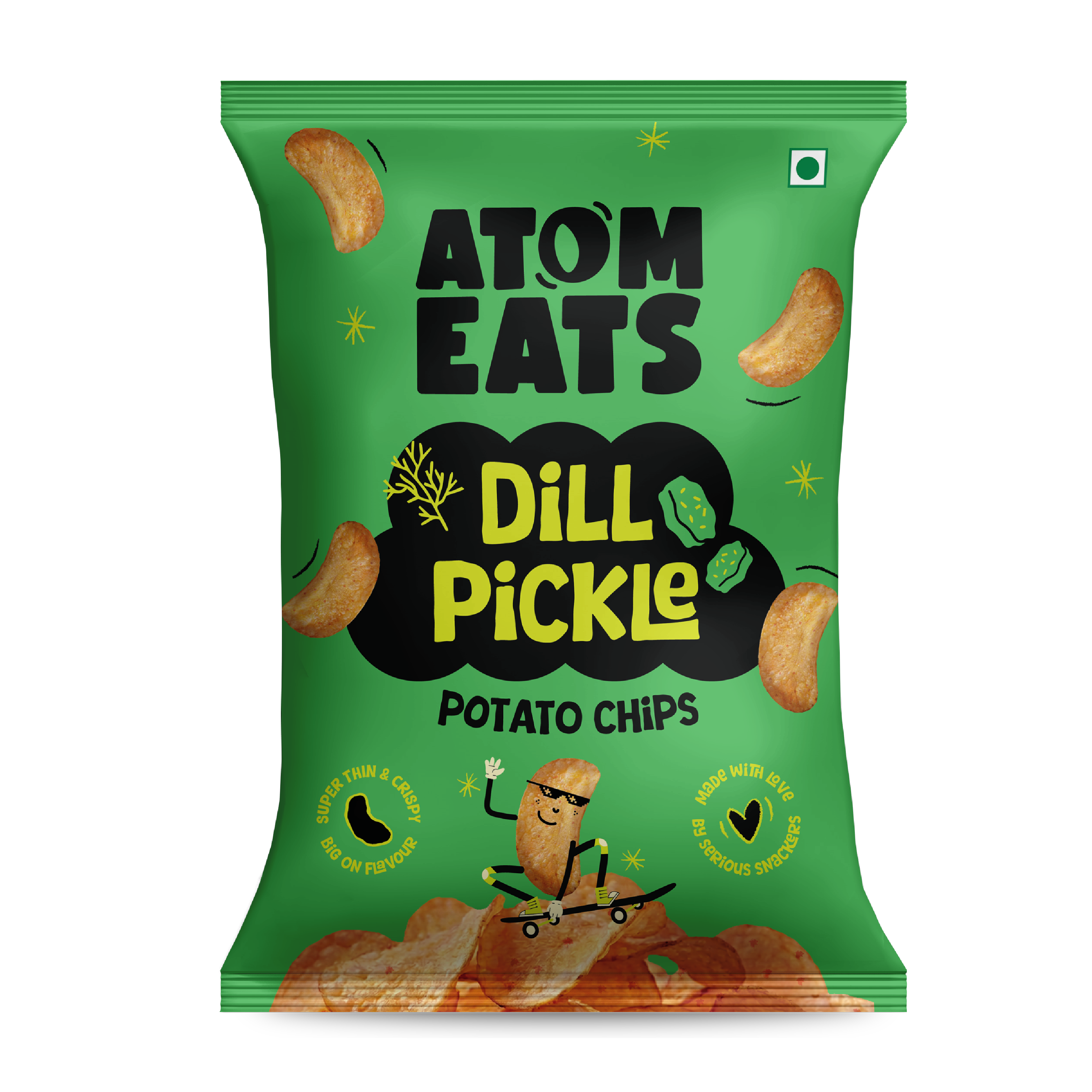 Atom eats Dill Pickle Potato Chips, 60g (Crispy Potato Chips, Tangy Dill Pickle Flavor, Bold & Crunchy Snack) image 1