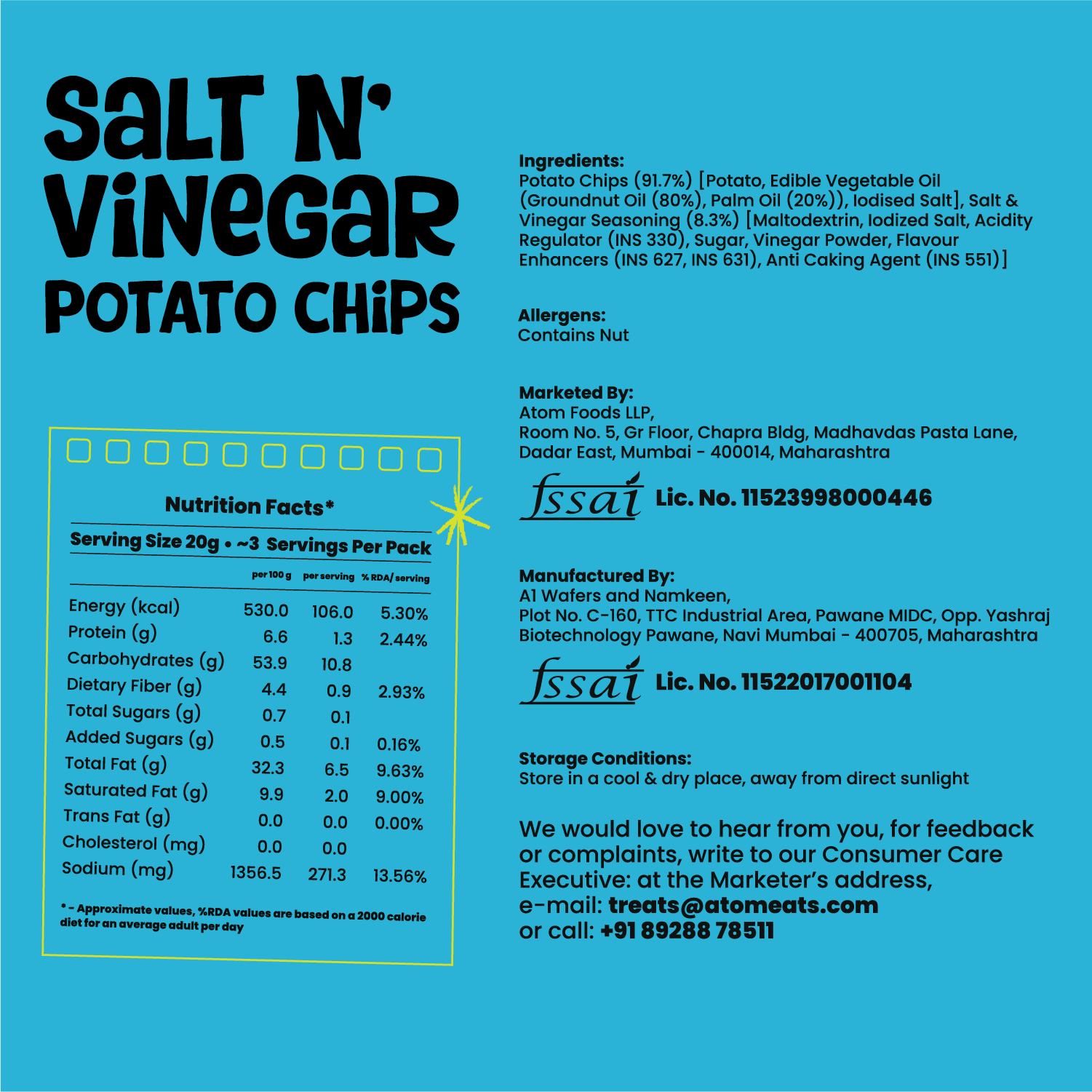 Atom Eats Salt n' Vinegar Potato Chips, 60g (Crispy Potato Chips, Tangy Sea Salt & Vinegar Flavor, Bold & Crunchy Snack) image 2