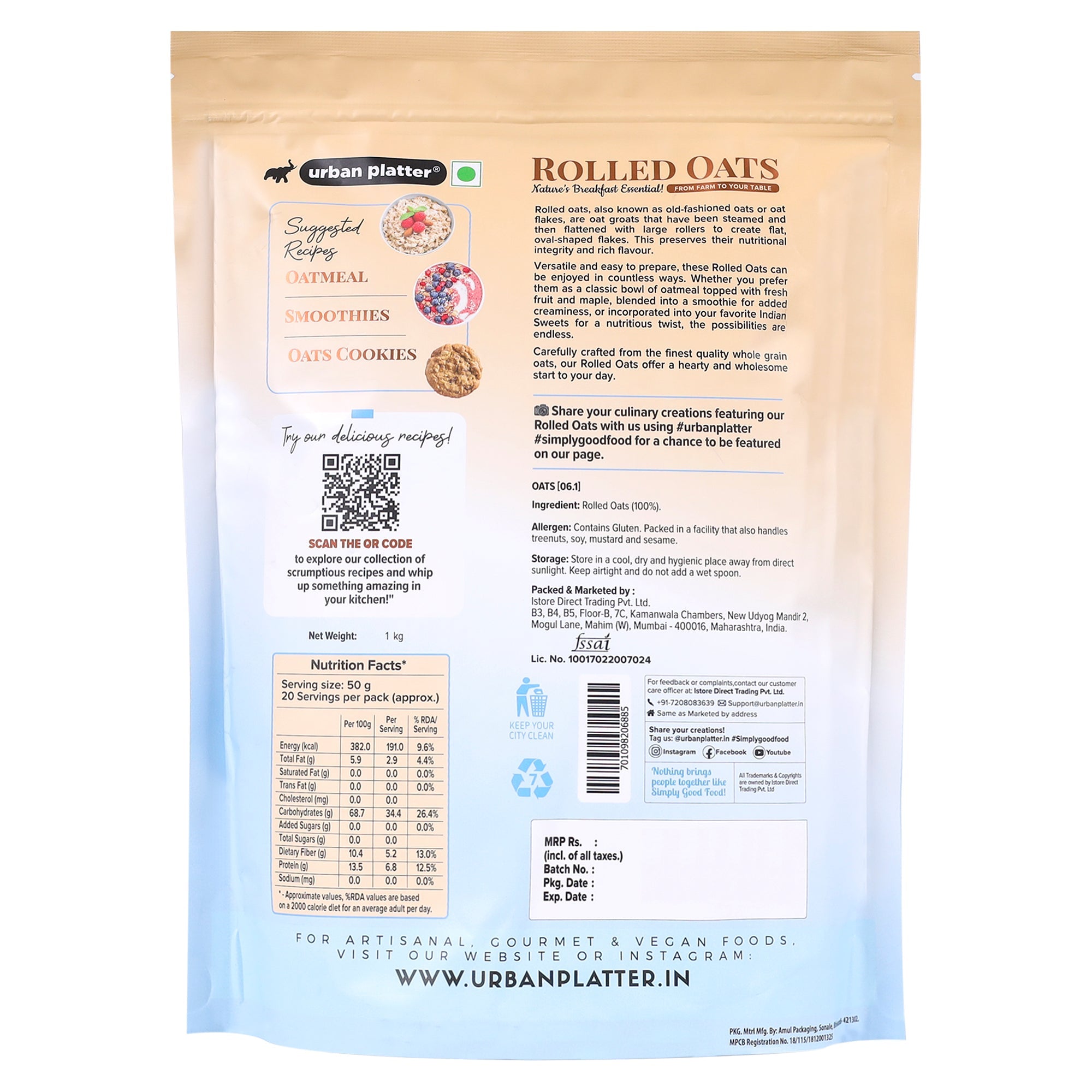Urban Platter Rolled Oats 1kg product image