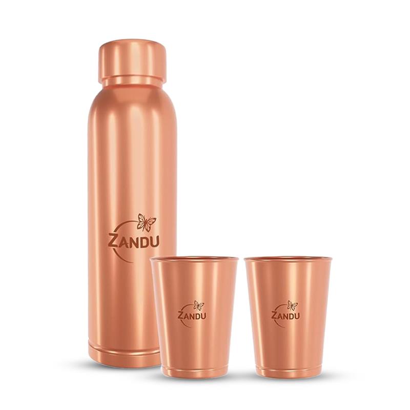 Zandu Copper Combo Bottle and Two Glasses